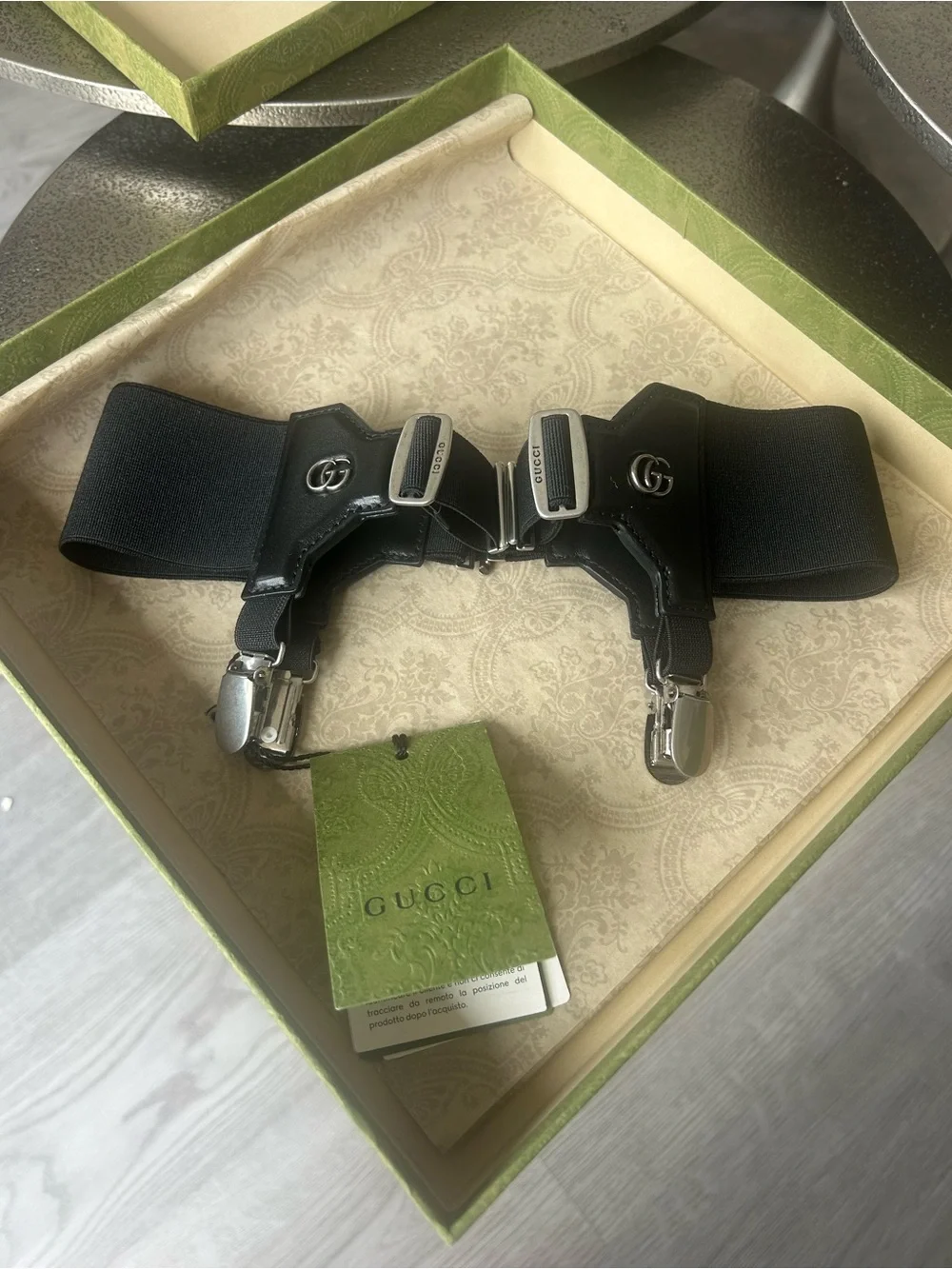 Gucci Black Leather and Elastic Garters with Silver-Tone Hardware